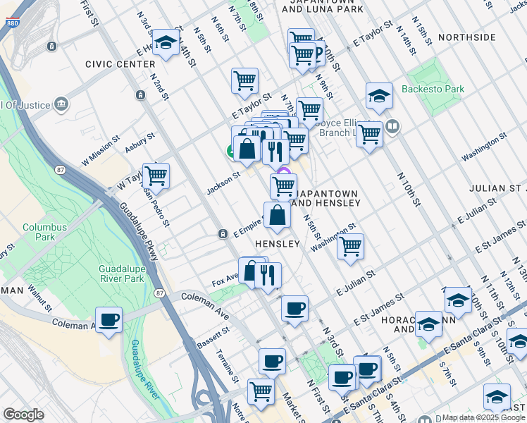 map of restaurants, bars, coffee shops, grocery stores, and more near 474 North 3rd Street in San Jose