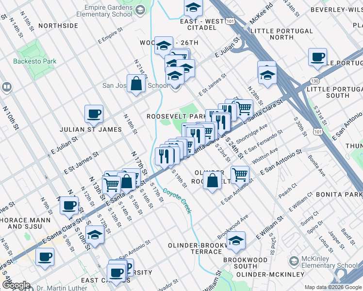 map of restaurants, bars, coffee shops, grocery stores, and more near North 21st Street in San Jose