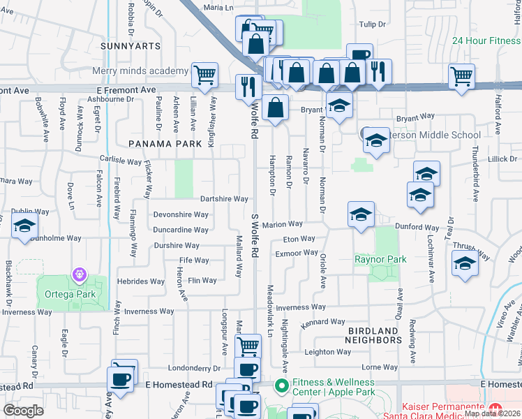 map of restaurants, bars, coffee shops, grocery stores, and more near 1490 Dartshire Court in Sunnyvale