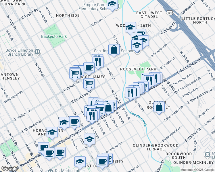 map of restaurants, bars, coffee shops, grocery stores, and more near 179 North 17th Street in San Jose