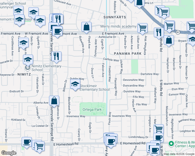 map of restaurants, bars, coffee shops, grocery stores, and more near 640 Derby Court in Sunnyvale