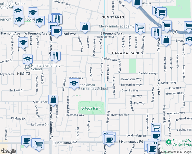 map of restaurants, bars, coffee shops, grocery stores, and more near 640 Derby Court in Sunnyvale