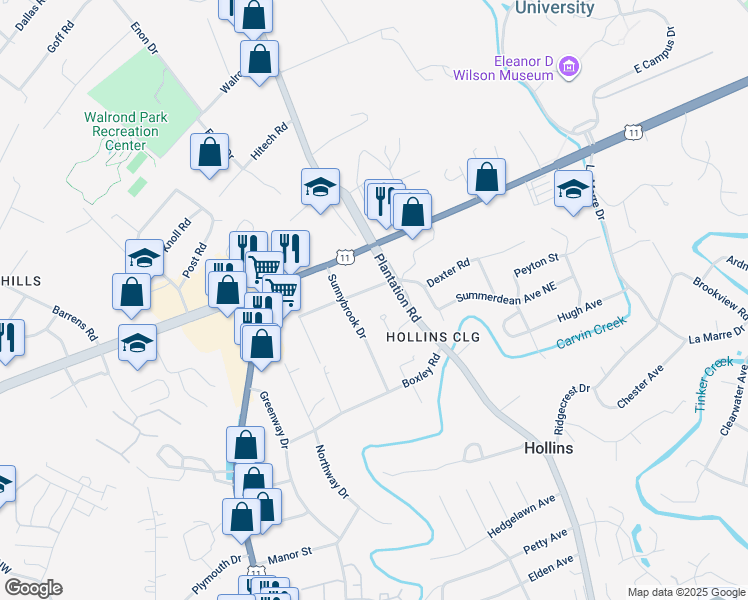map of restaurants, bars, coffee shops, grocery stores, and more near 533 Dexter Road in Roanoke