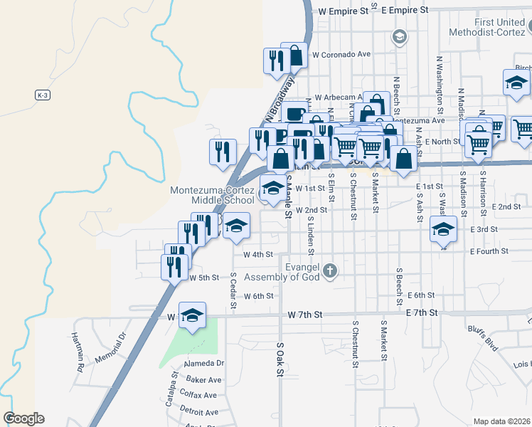 map of restaurants, bars, coffee shops, grocery stores, and more near 450 West 2nd Street in Cortez