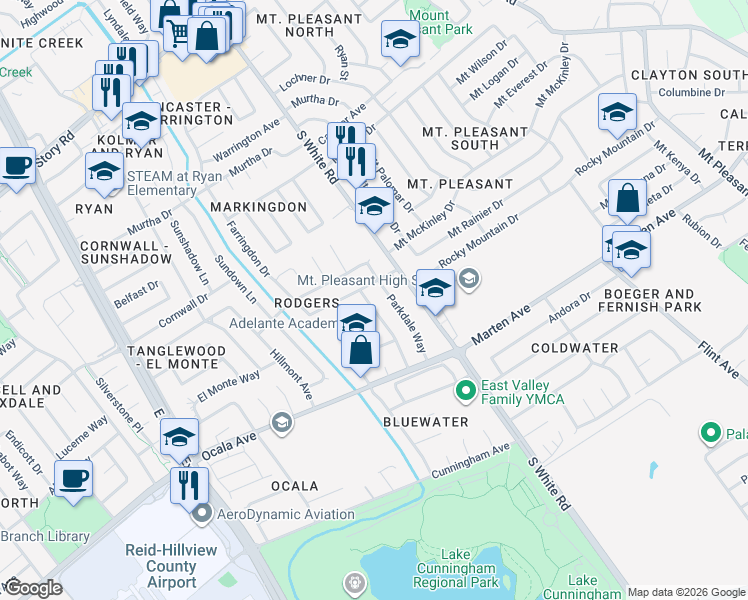 map of restaurants, bars, coffee shops, grocery stores, and more near 3061 Park Lane in San Jose