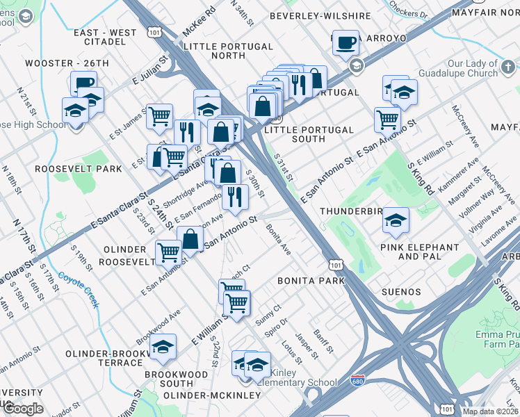 map of restaurants, bars, coffee shops, grocery stores, and more near 1458 Whitton Avenue in San Jose