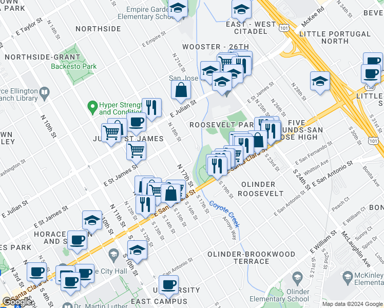 map of restaurants, bars, coffee shops, grocery stores, and more near in San Jose