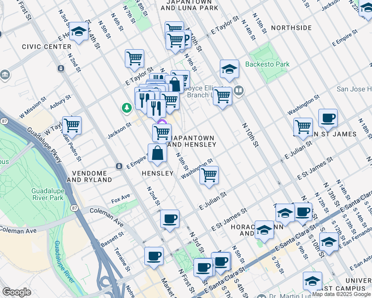 map of restaurants, bars, coffee shops, grocery stores, and more near 488 North 6th Street in San Jose