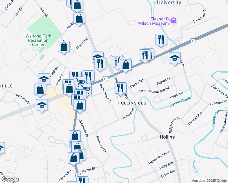 map of restaurants, bars, coffee shops, grocery stores, and more near 533 Dexter Road in Roanoke