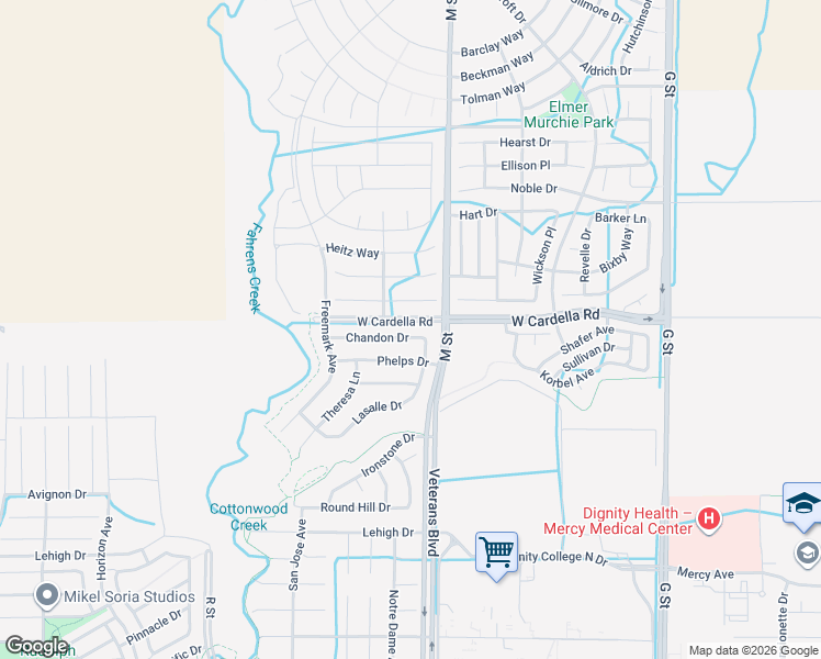 map of restaurants, bars, coffee shops, grocery stores, and more near 630 Coppola Court in Merced