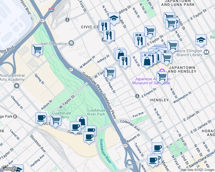 map of restaurants, bars, coffee shops, grocery stores, and more near 663 North San Pedro Street in San Jose