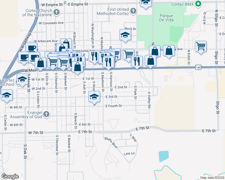map of restaurants, bars, coffee shops, grocery stores, and more near 200 South Harrison Street in Cortez