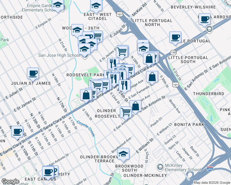 map of restaurants, bars, coffee shops, grocery stores, and more near 17 Carnegie Square in San Jose