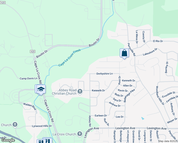 map of restaurants, bars, coffee shops, grocery stores, and more near 2316 Derbyshire Lane in Cape Girardeau