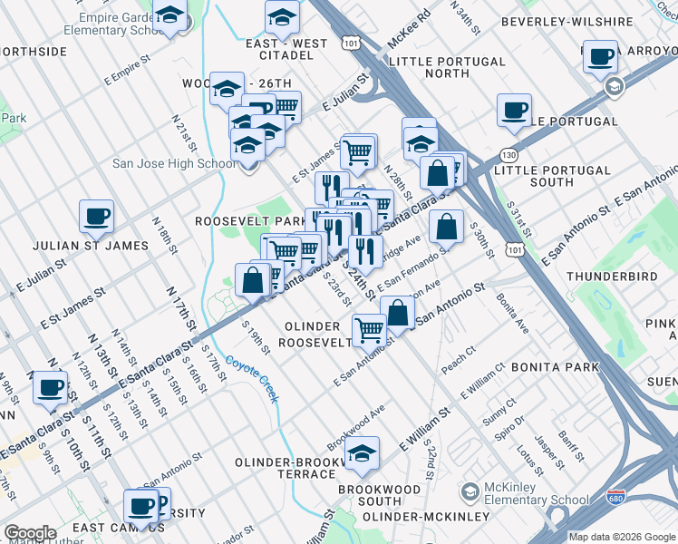 map of restaurants, bars, coffee shops, grocery stores, and more near 17 Carnegie Square in San Jose