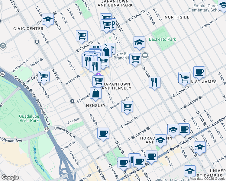 map of restaurants, bars, coffee shops, grocery stores, and more near 488 North 6th Street in San Jose