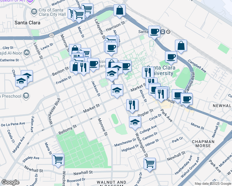 map of restaurants, bars, coffee shops, grocery stores, and more near 950 Santa Clara Street in Santa Clara