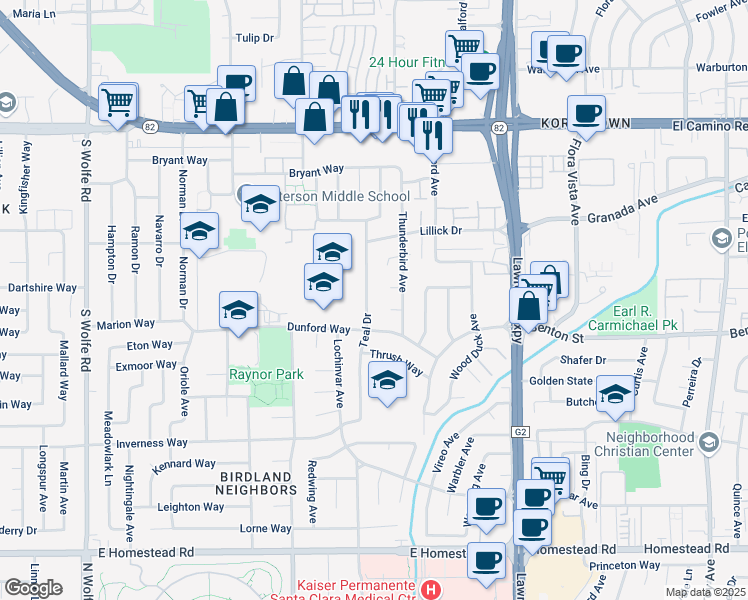map of restaurants, bars, coffee shops, grocery stores, and more near 1450 Teal Drive in Sunnyvale