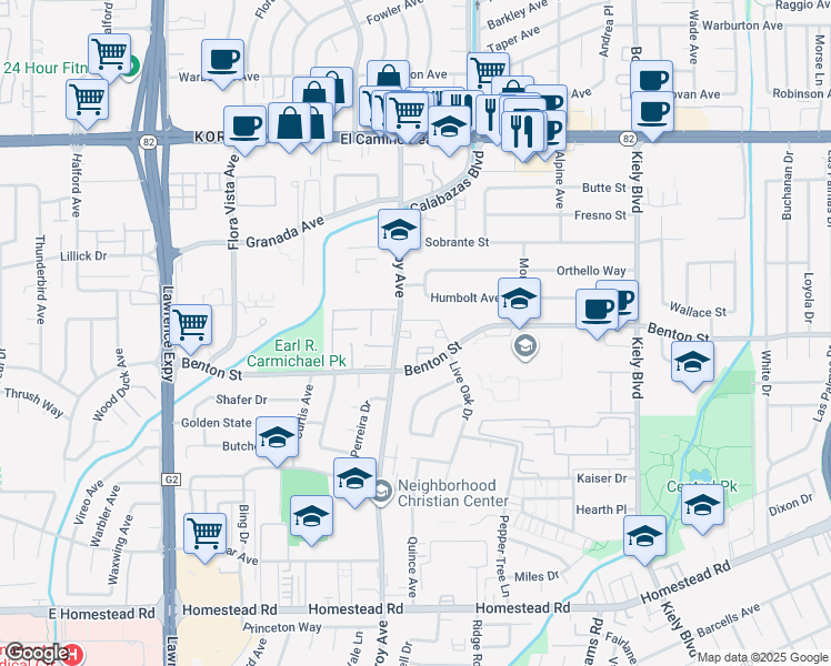 map of restaurants, bars, coffee shops, grocery stores, and more near 1101 Pomeroy Avenue in Santa Clara
