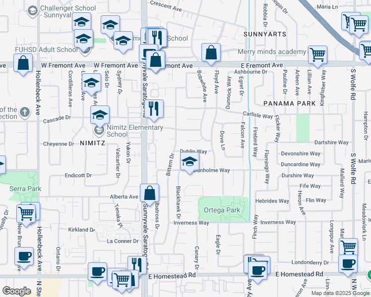 map of restaurants, bars, coffee shops, grocery stores, and more near 1450 Bittern Drive in Sunnyvale