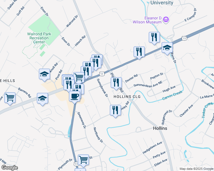 map of restaurants, bars, coffee shops, grocery stores, and more near 529 Dexter Road in Hollins