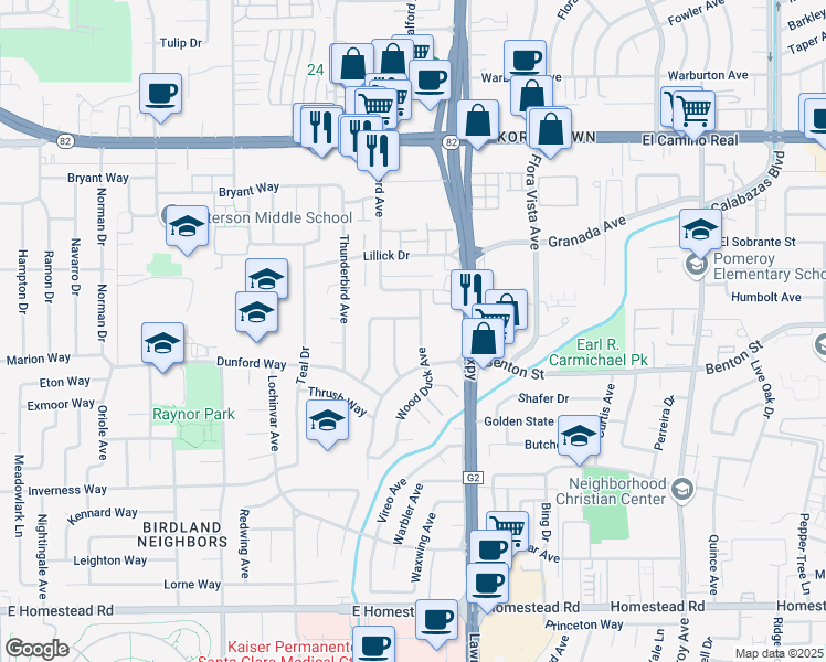 map of restaurants, bars, coffee shops, grocery stores, and more near 3701 Swallow Way in Santa Clara
