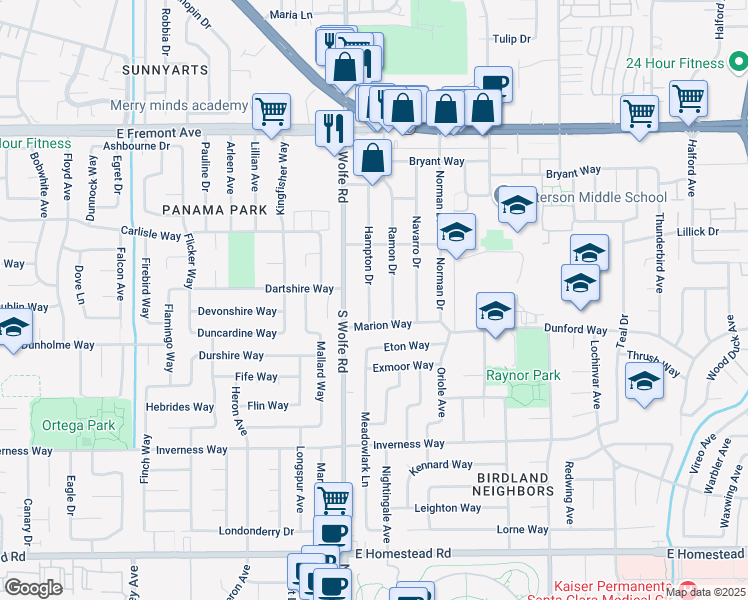 map of restaurants, bars, coffee shops, grocery stores, and more near 1472 Hampton Drive in Sunnyvale
