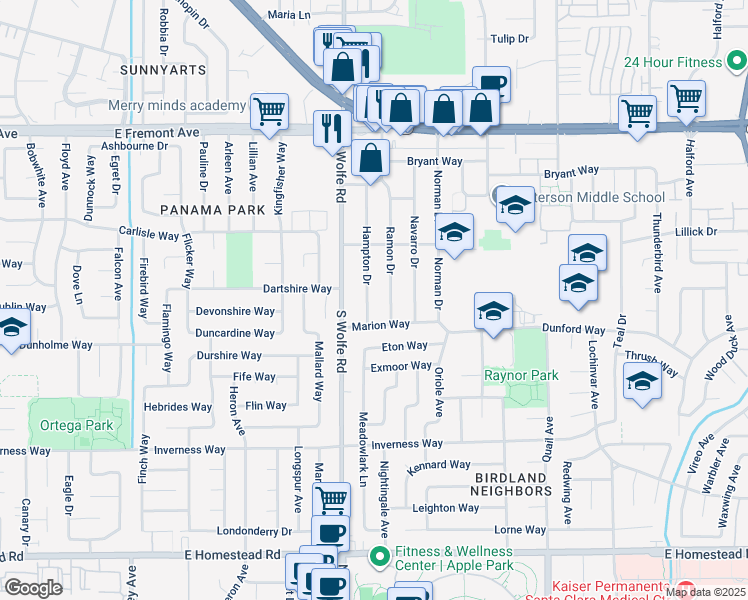 map of restaurants, bars, coffee shops, grocery stores, and more near 1472 Hampton Drive in Sunnyvale