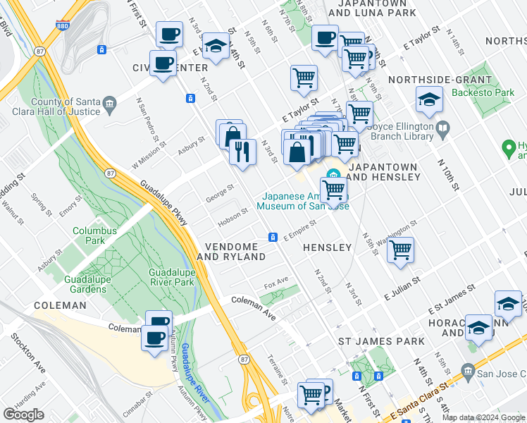 map of restaurants, bars, coffee shops, grocery stores, and more near 568 North 1st Street in San Jose