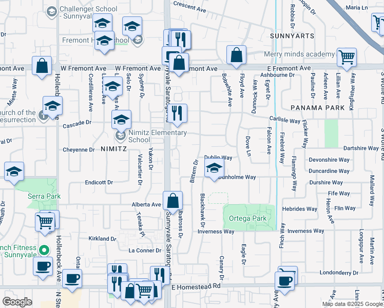 map of restaurants, bars, coffee shops, grocery stores, and more near 125 Connemara Way in Sunnyvale