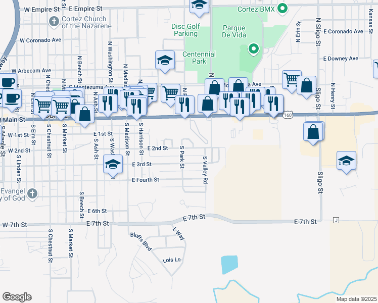 map of restaurants, bars, coffee shops, grocery stores, and more near 700 East 2nd Street in Cortez