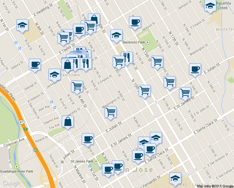 map of restaurants, bars, coffee shops, grocery stores, and more near 432 North 8th Street in San Jose