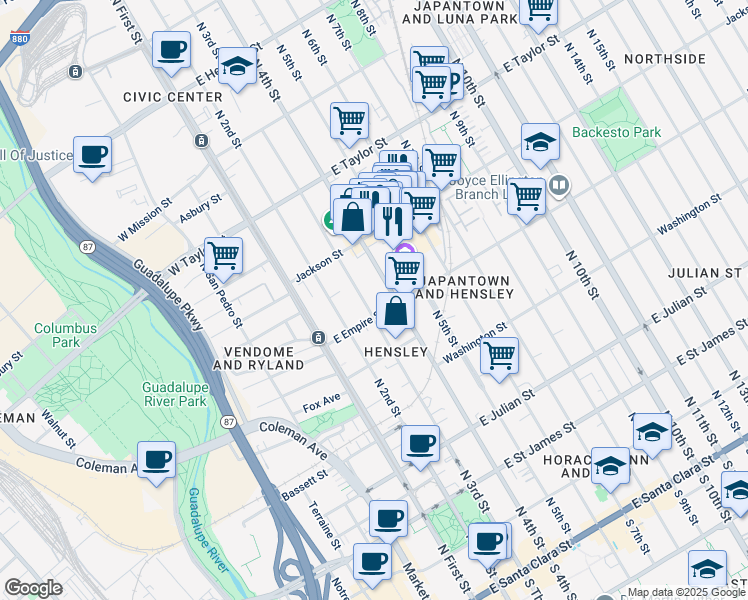map of restaurants, bars, coffee shops, grocery stores, and more near 535 North 4th Street in San Jose