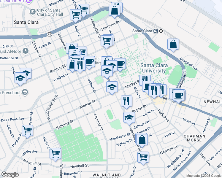 map of restaurants, bars, coffee shops, grocery stores, and more near 950 Santa Clara Street in Santa Clara