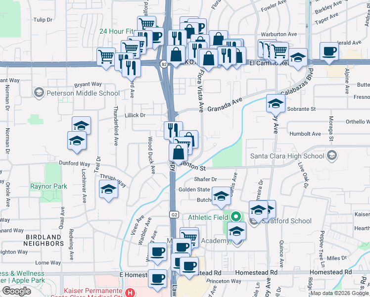 map of restaurants, bars, coffee shops, grocery stores, and more near 3500 Granada Avenue in Santa Clara