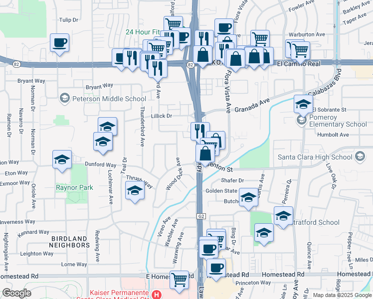 map of restaurants, bars, coffee shops, grocery stores, and more near 3665 Benton Street in Santa Clara