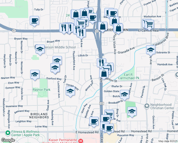 map of restaurants, bars, coffee shops, grocery stores, and more near 3701 Swallow Way in Santa Clara