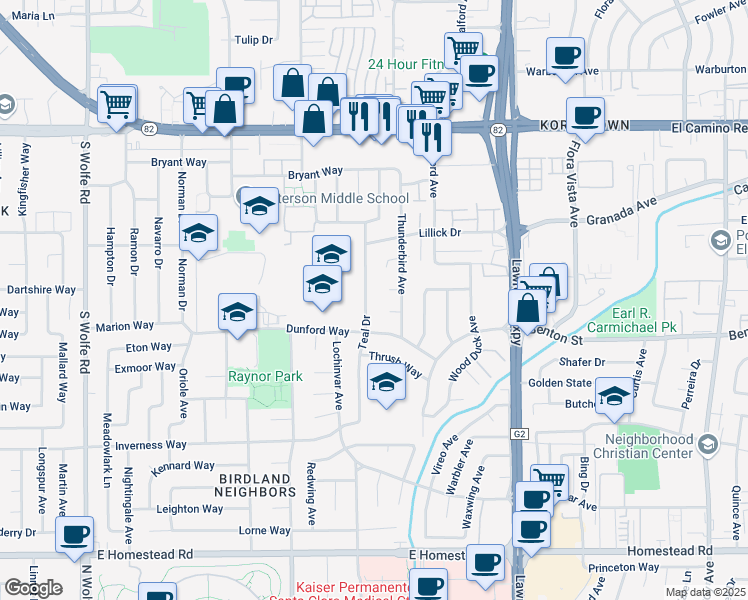 map of restaurants, bars, coffee shops, grocery stores, and more near 1450 Teal Drive in Sunnyvale