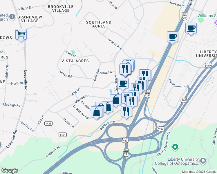 map of restaurants, bars, coffee shops, grocery stores, and more near 106 Alta Lane in Lynchburg