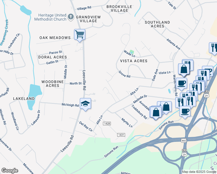 map of restaurants, bars, coffee shops, grocery stores, and more near 650-698 Denson Drive in Lynchburg