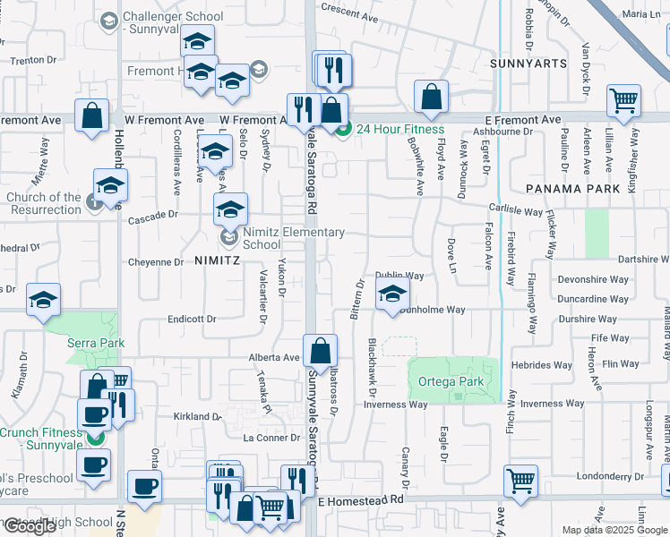 map of restaurants, bars, coffee shops, grocery stores, and more near 147 Cromart Court in Sunnyvale