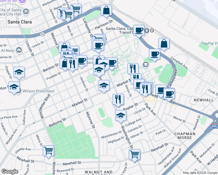 map of restaurants, bars, coffee shops, grocery stores, and more near 950 Santa Clara Street in Santa Clara