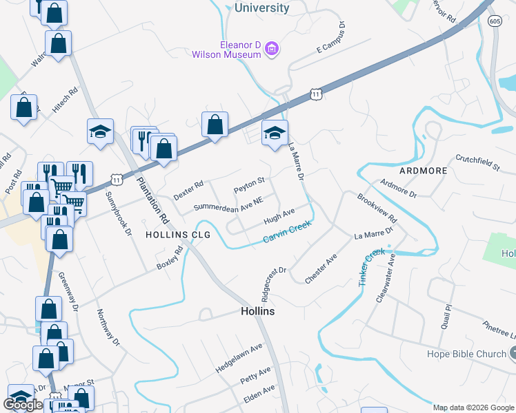 map of restaurants, bars, coffee shops, grocery stores, and more near 852-858 Summerdean Avenue Northeast in Hollins