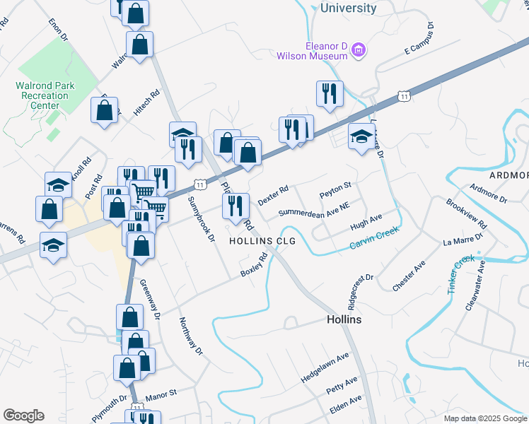map of restaurants, bars, coffee shops, grocery stores, and more near 7331 Topping Street in Hollins