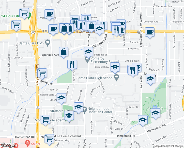 map of restaurants, bars, coffee shops, grocery stores, and more near 1101 Pomeroy Avenue in Santa Clara
