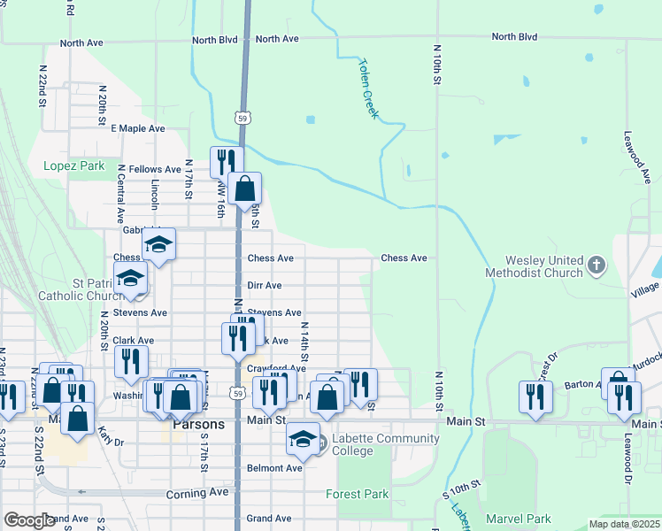 map of restaurants, bars, coffee shops, grocery stores, and more near 1301-1399 Chess Avenue in Parsons