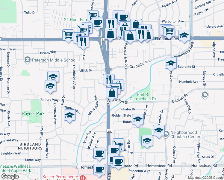 map of restaurants, bars, coffee shops, grocery stores, and more near 1071 Alta Mira Drive in Santa Clara