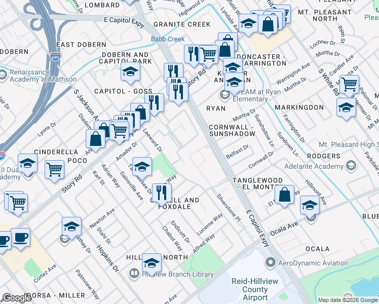 map of restaurants, bars, coffee shops, grocery stores, and more near 1250 Foxdale Loop in San Jose