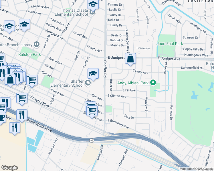 map of restaurants, bars, coffee shops, grocery stores, and more near 1550 Shaffer Road in Atwater