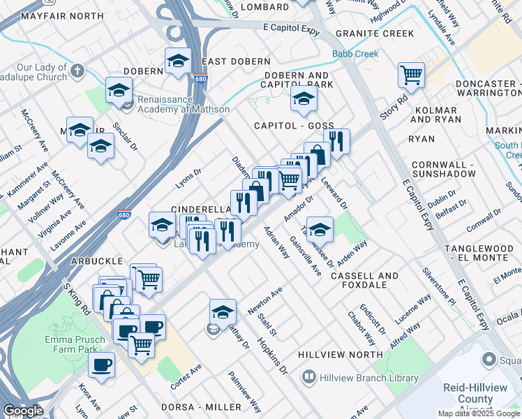 map of restaurants, bars, coffee shops, grocery stores, and more near 2241 Angie Avenue in San Jose